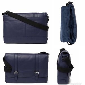 Cole Haan Navy Soft Leather Buckle Detail Unisex Style Laptop Messenger Bag